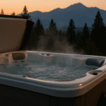 Outdoor hot tub at dusk with steam rising and water testing supplies on a side table, illustrating proper hot tub maintenance and care.