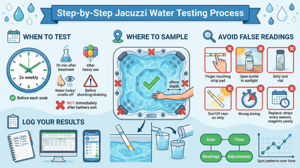 Step-by-Step Jacuzzi Water Testing Process Infographic