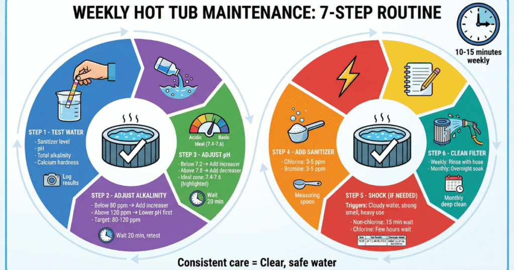 infographic of Step-by Step-Weekly Routine Using a Hot Tub Chemical Kit