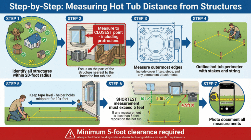 Step-by-step infographic showing how to measure a hot tub’s minimum 5-foot clearance from structures, including checking the closest protrusions, outlining the tub footprint with stakes and string, keeping the tape level, confirming the shortest distance, and photo-documenting measurements.