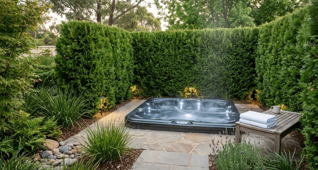 Hedges for Hot Tub Privacy in backyard